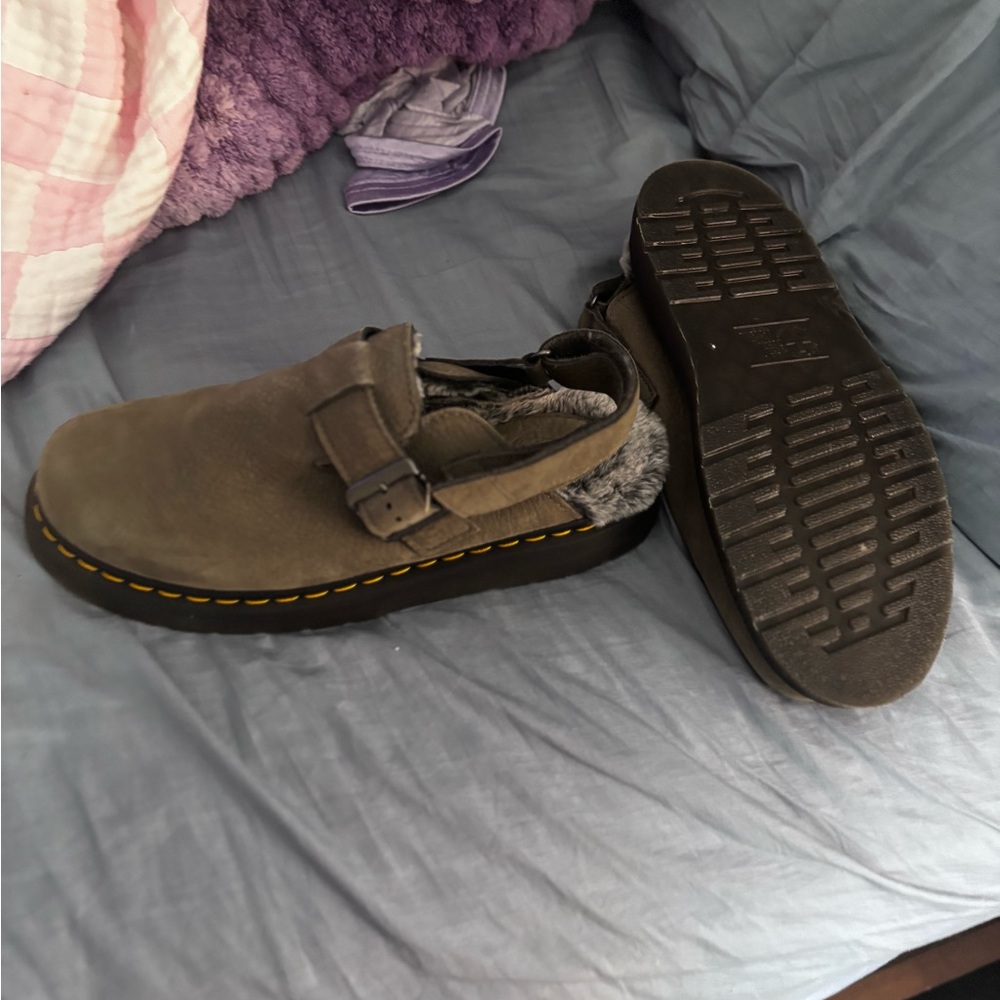 Dr. Martens Jorge Olive Green Suede Fur-Lined Mule Clogs with Yellow Stitching